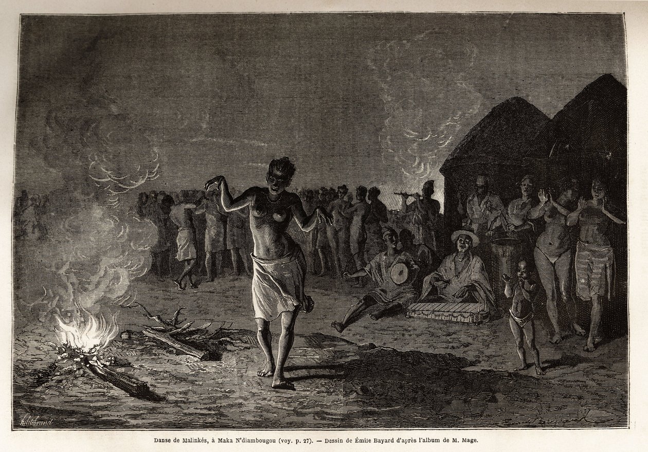 Dança de Malinkes, população e língua da África Ocidental (Guinee, Senegal, Mali e Costa do Marfim), dançarinos reúnem-se no túmulo da dança nocturna ao ritmo da música tradicional. Gravura para ilustrar a história do Tenente Mage de Unknown artist