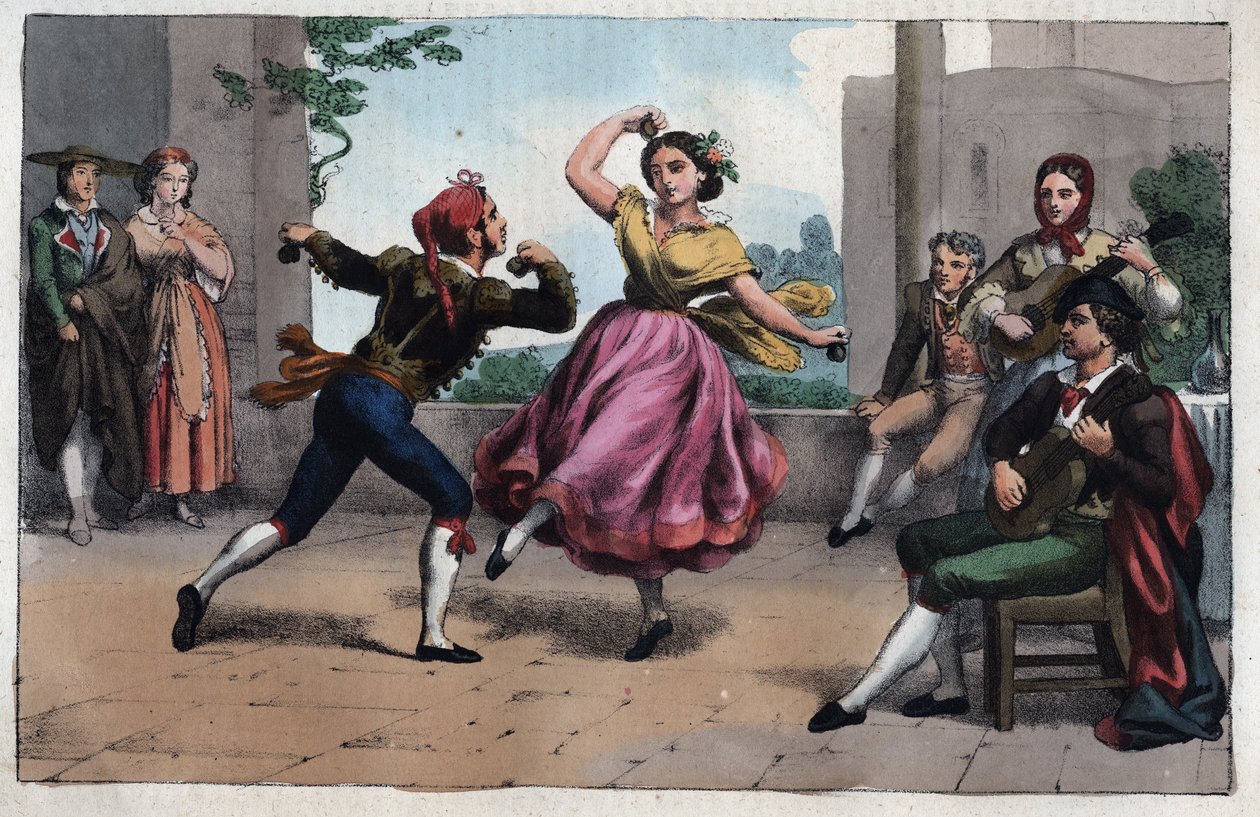 Dança do Bolero e figurinos de Granada - Dança do Bolero e figurinos de Granada - gravura de "Usos e costumes de todos os povos do universo". Ou melhor, a história do governo, das leis, das milícias, da religião de todas as nações das mais remotas. de Unknown artist