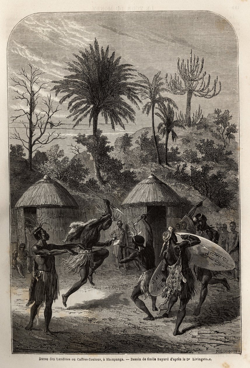 Dança dos Landines ou Zulu caffres em Shoupanga (margem direita do rio Zambeze). Gravura para ilustrar as primeiras viagens do Dr. Livingstone à África Austral de 1840 a 1856, no "Le tour du monde, nouveau journal des voyages" publicado sob o título "Le to de Unknown artist