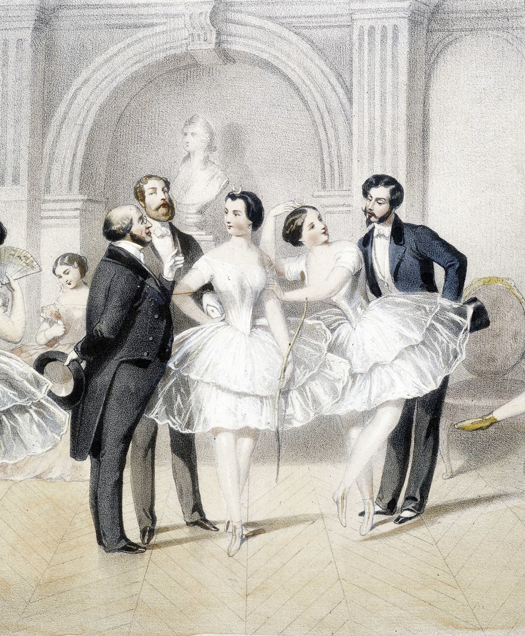 Dançarinos rodeados de homens na era romântica - n.d. de Unknown artist