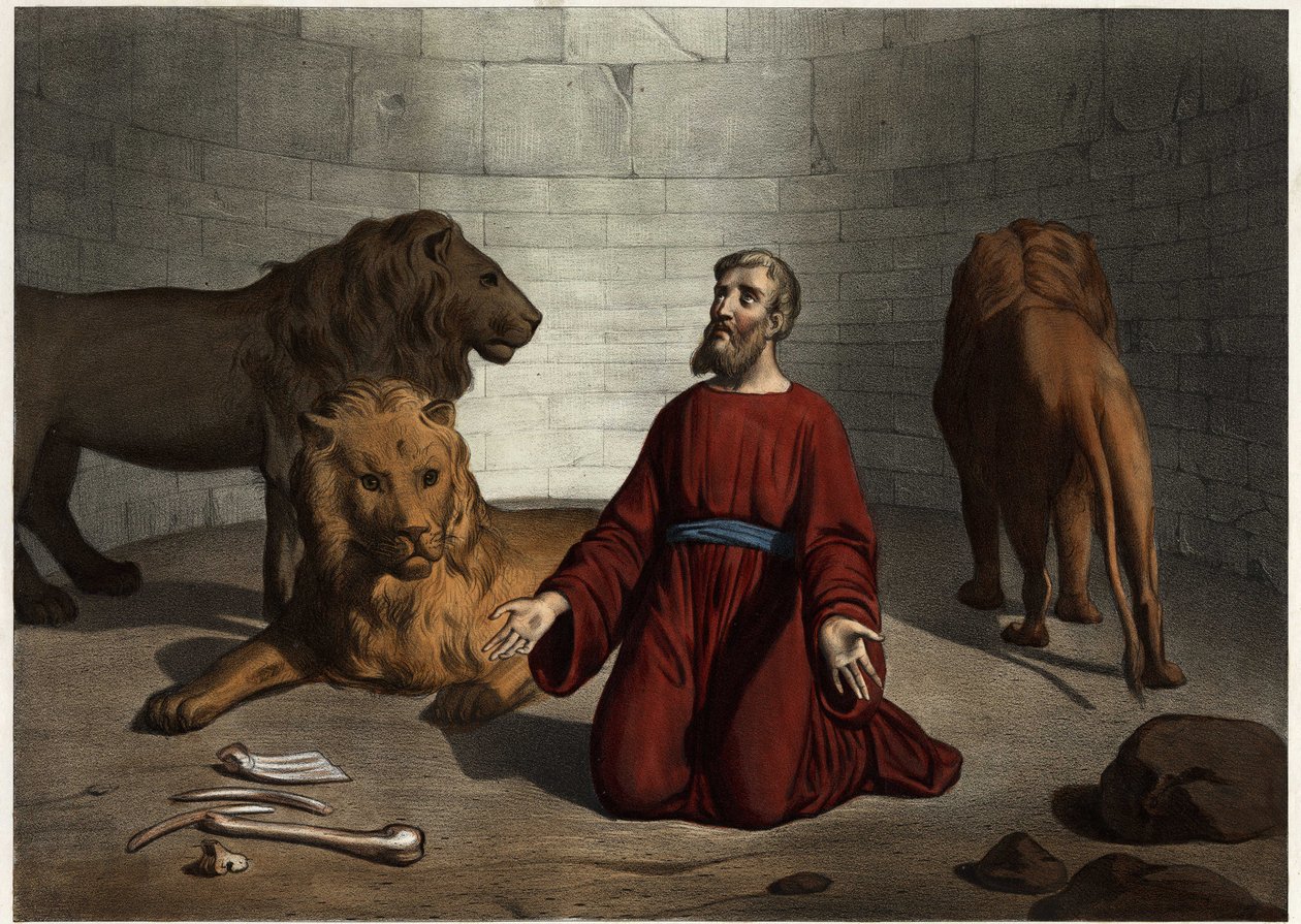 Daniel, lançado aos leões pelo rei, é protegido por um anjo do senhor que acalma as feras. Gravura anónima de meados do século XIX. de Unknown artist