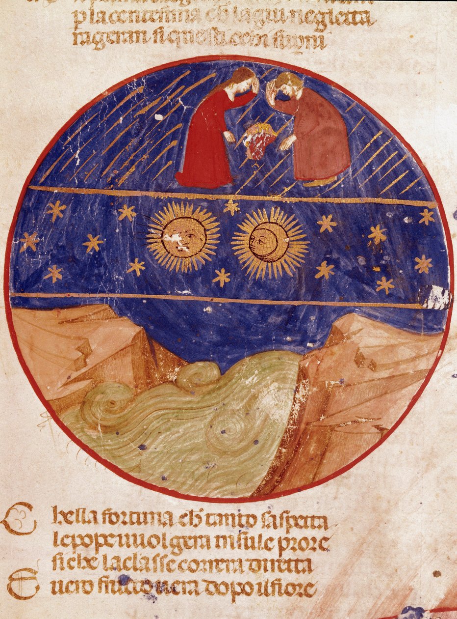 Dante e Beatrice olham do céu, da Terra e das estrelas. Página iluminada ilustrando uma canção do Paraíso da "Divina Commedia" de Dante Alighieri (1265-1321). Século XIV, Veneza, Biblioteca Marciana de Unknown artist