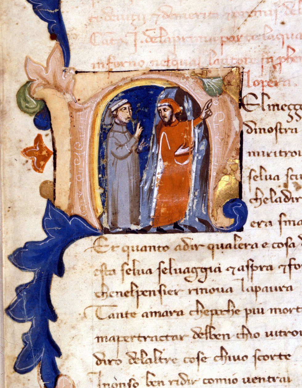 Dante e Virgil na entrada do Inferno. (lettrina "N") Incipit of Hell of a Divina Commedia (Divina Comédia) do século XIV Milão, biblioteca trivulziana. (Nel mezzo del cammin di nostra vita...) de Unknown artist