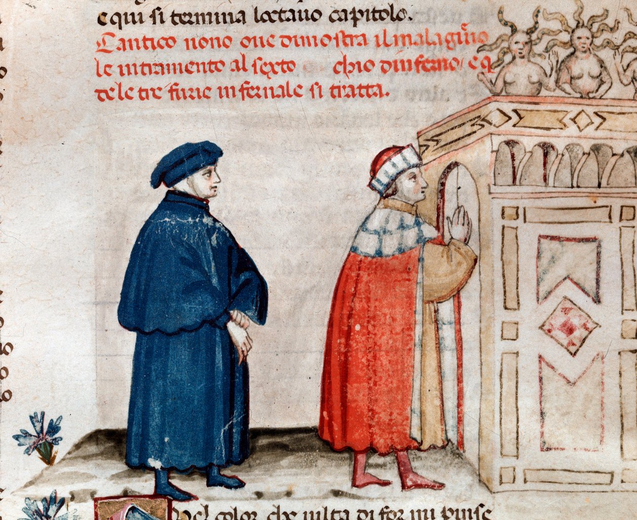 Dante e Virgil no portão do Dite controlado pelas fúrias (canção 9 do Inferno, na Divina Comédia) - miniatura do século XV de Unknown artist