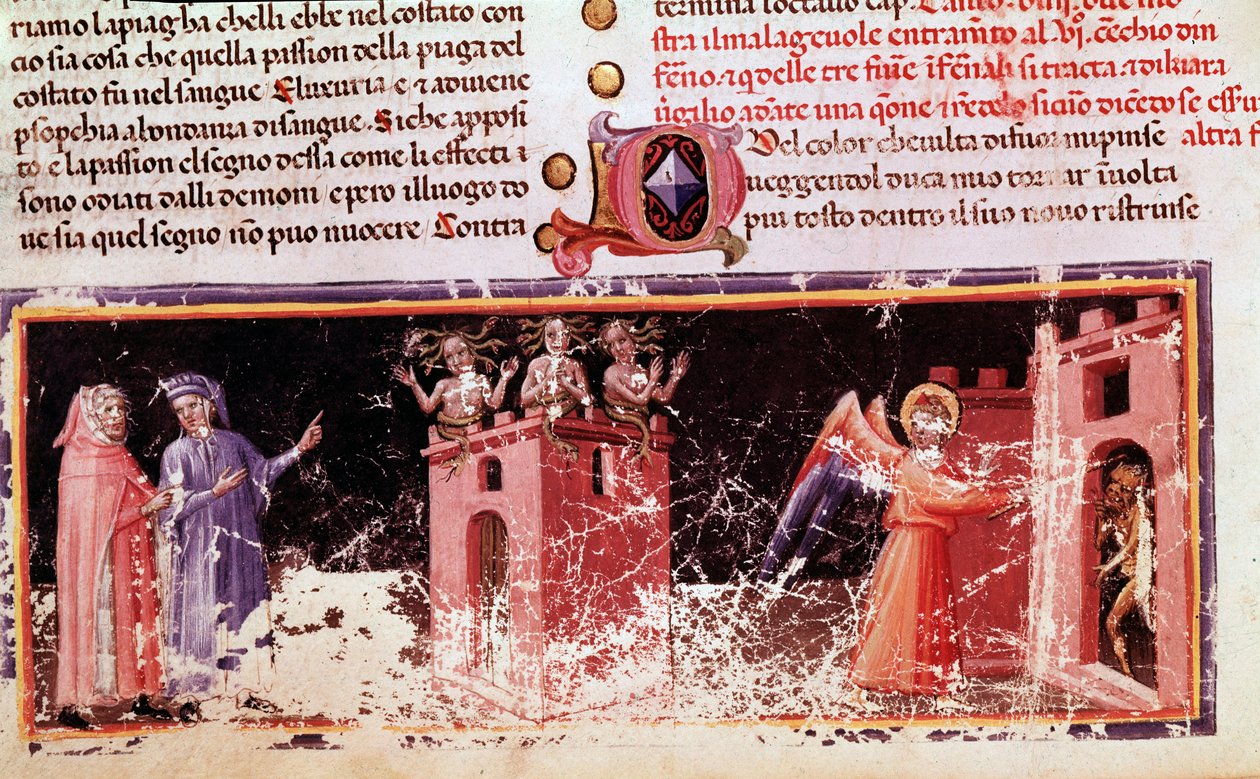 Dante e Virgílio no portão de Dite controlado pelas fúrias (canção 9 do Inferno, na Divina Comédia) - miniatura de Unknown artist