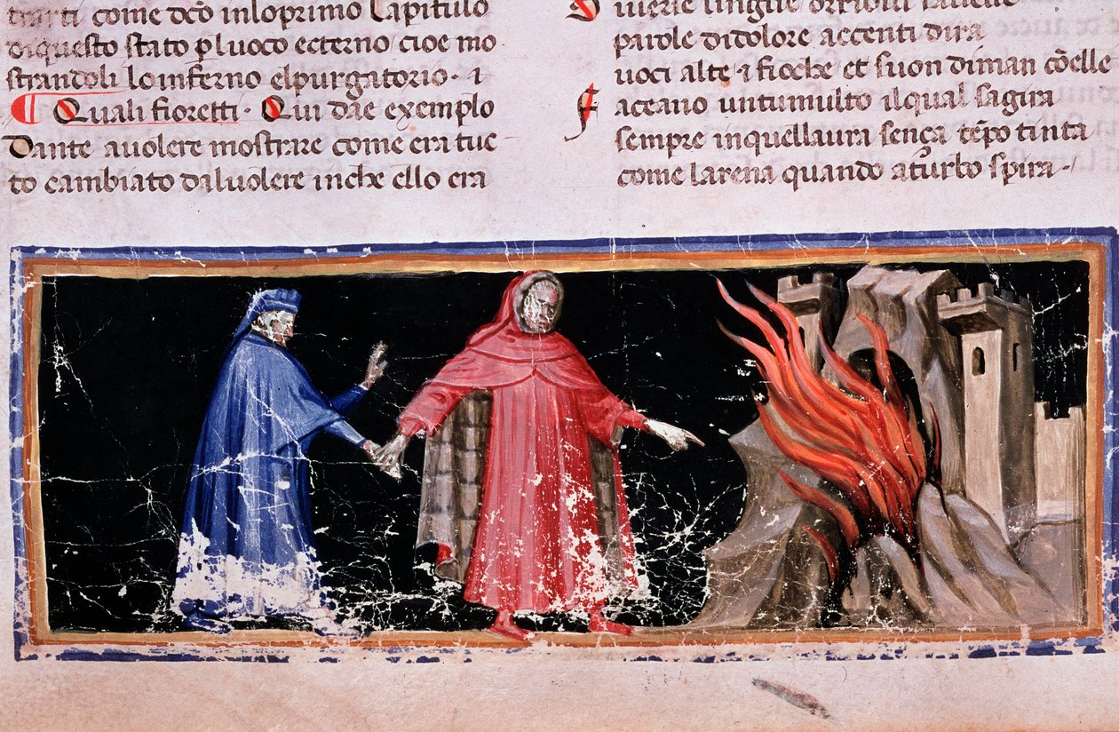 Dante e Virgílio entram pelos portões do inferno (canção 3 do Inferno, na Divina Comédia) - miniatura de Unknown artist