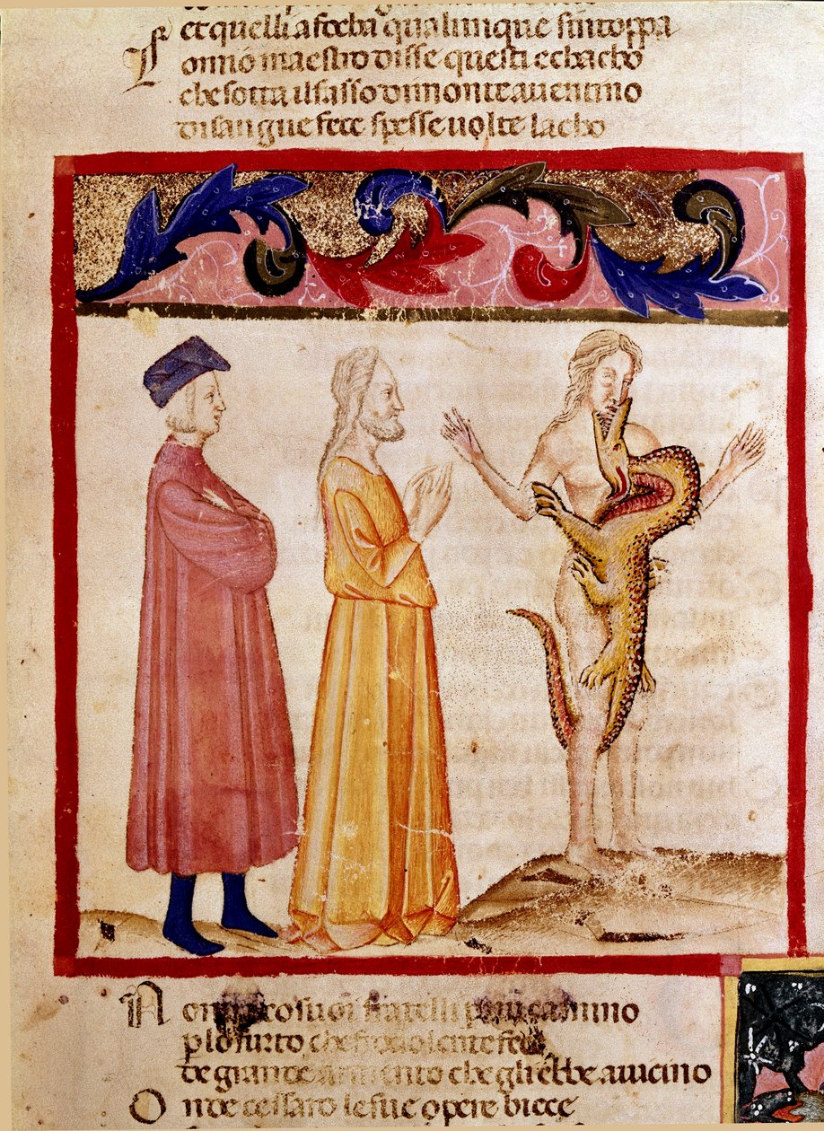 Dante e Virgílio encontram a alma de um pecador condenado a ser devorado por um dragão. Página iluminada ilustrando uma canção do Inferno desenha da "Divina Commedia" de Dante Alighieri (1265-1321). Século XIV, Veneza, Biblioteca Marciana de Unknown artist