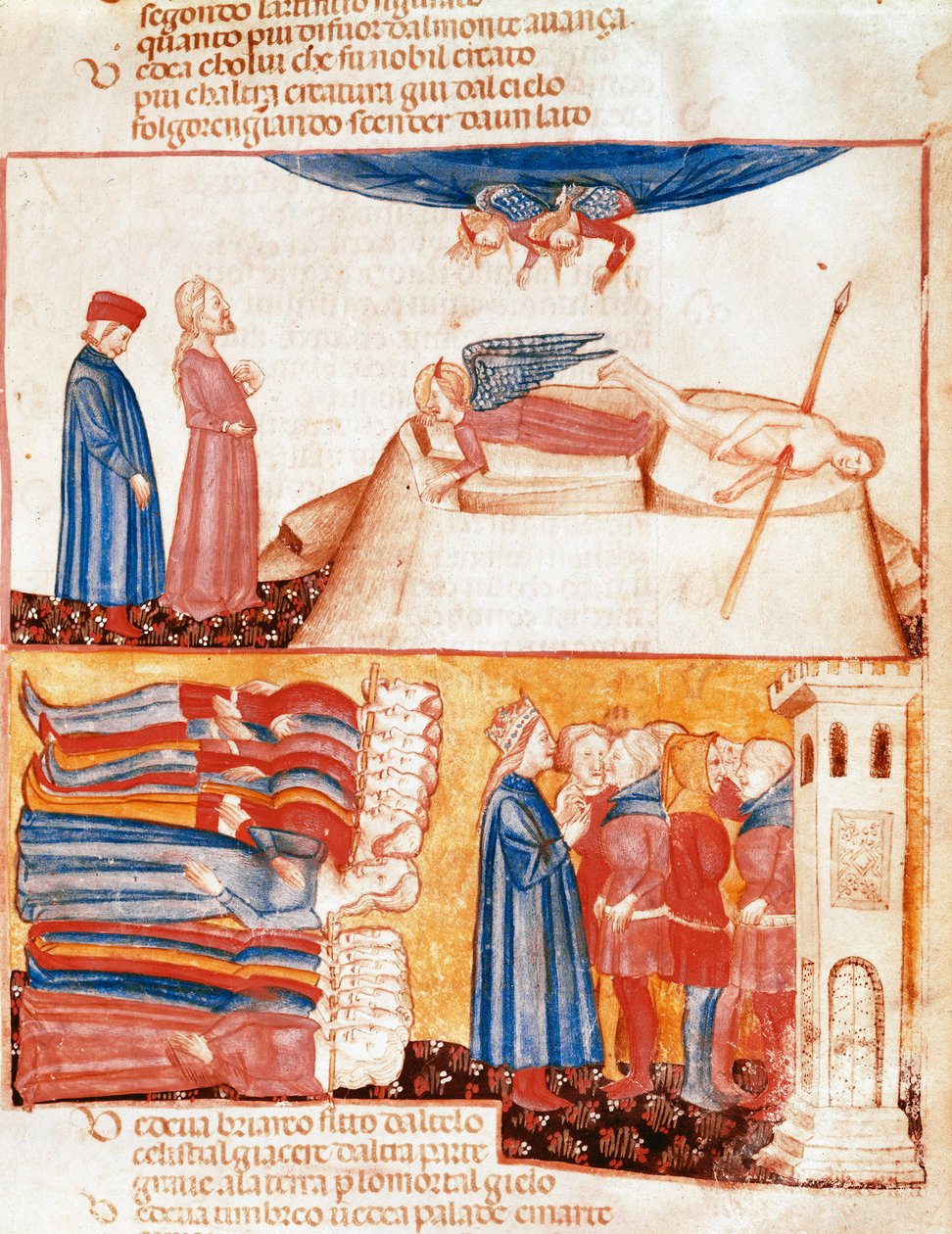 Dante e Virgil encontram as almas de pessoas violentamente mortas. Página iluminada ilustrando uma canção do Antipurgatório da "Divina Commedia" de Dante Alighieri (1265-1321). Século XIV, Veneza, Biblioteca Marciana de Unknown artist