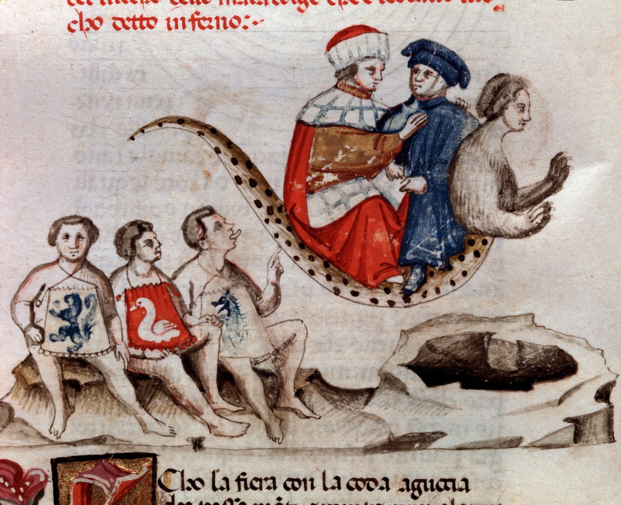 Dante e Virgil andam nas costas de Geryon (canção 17 do Inferno, na Divina Comédia) - miniatura do século XV de Unknown artist