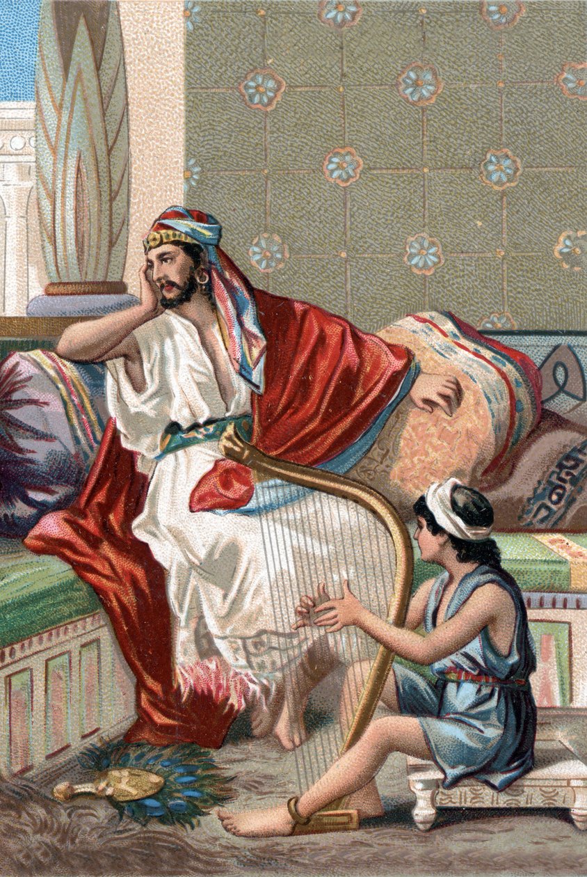 David tocando o cítara na frente do rei Saul para apaziguá-lo. de Unknown artist
