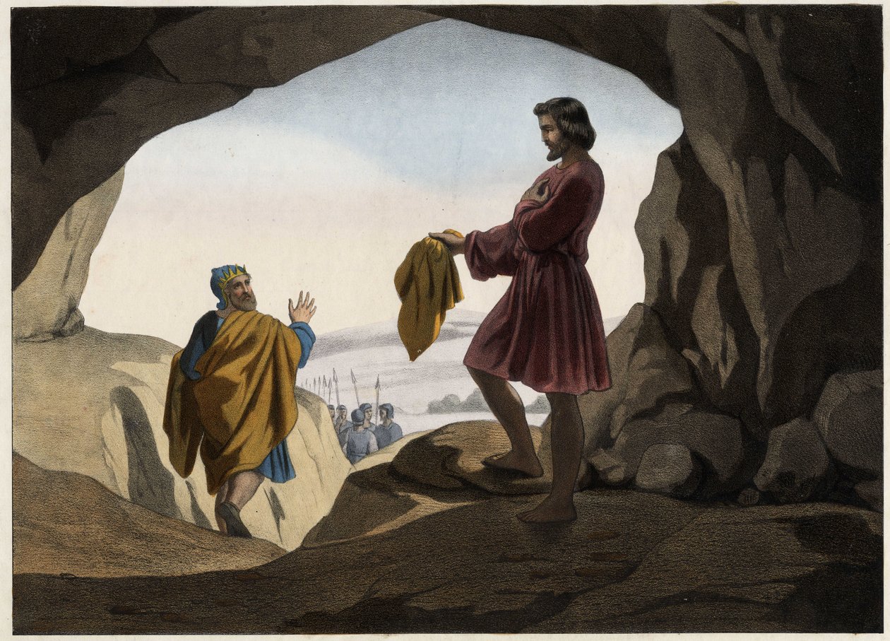 David mostrou a Saul o pedaço do seu manto: David recusou-se a matar o rei Saul, que foi entregue por Deus na caverna, e cortou apenas um pedaço do seu manto. Gravura anónima de meados do século XIX. de Unknown artist