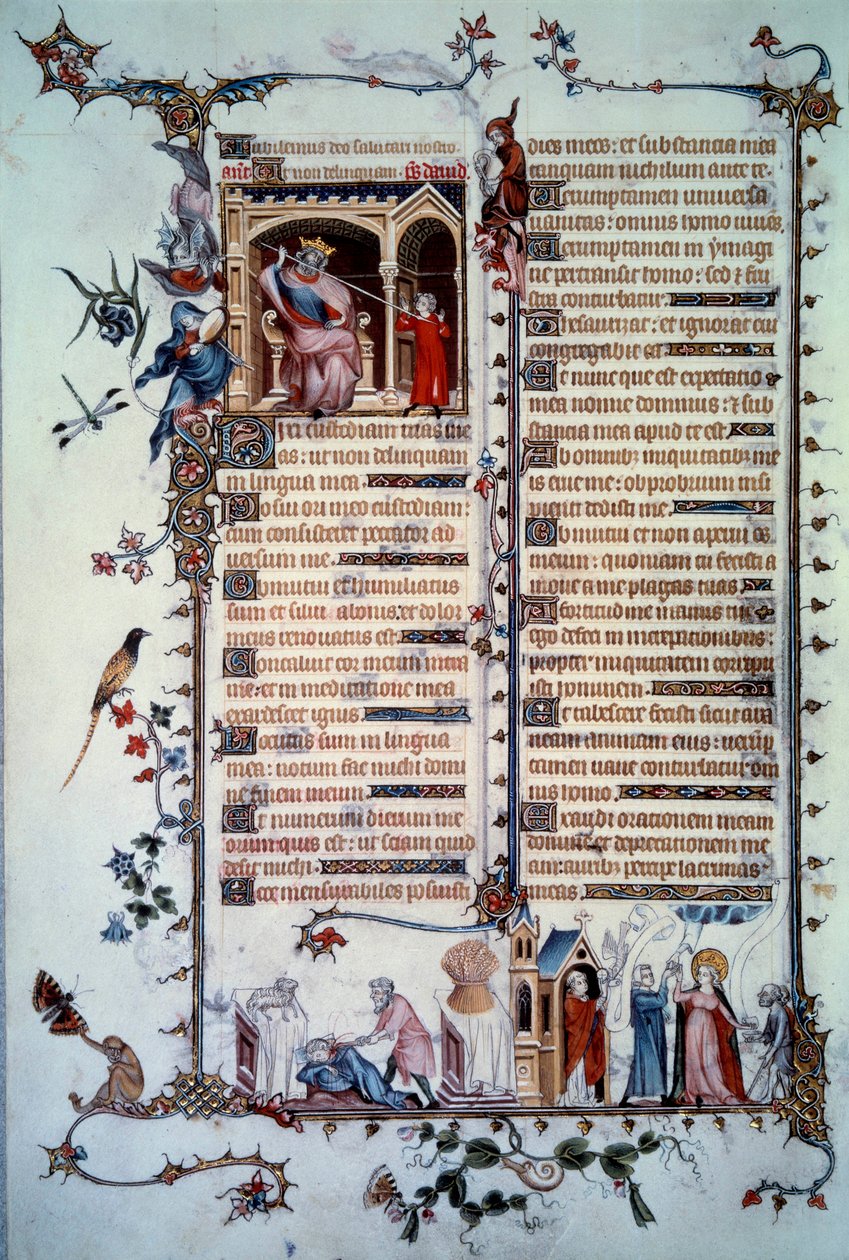 O David está a ser ameaçado pelo Saul. Alegoria de ganância. Sacramento da Comunhão. Alegoria da caridade. Miniatura retirada do Salmo "Breviaire de Belleville". de Unknown artist
