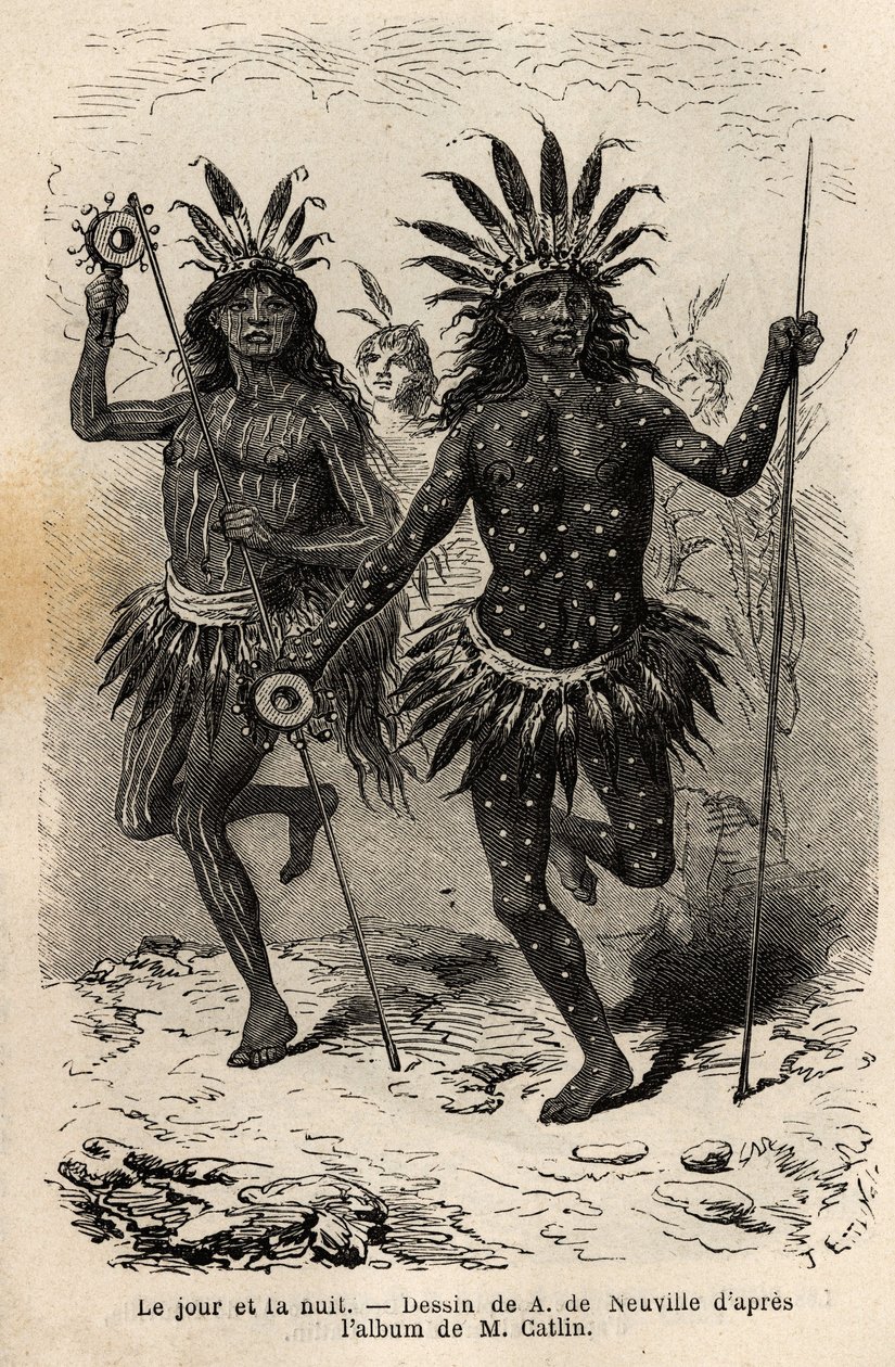 Dia e noite, quadros sobre o corpo dos dançarinos da cerimônia religiosa e expiação, executados pelos chefes e seus companheiros, entre os índios Mandans (ou noumah ka kie: faisões), na margem esquerda do Missouri. Gravura para ilustrar uma excursão de Unknown artist