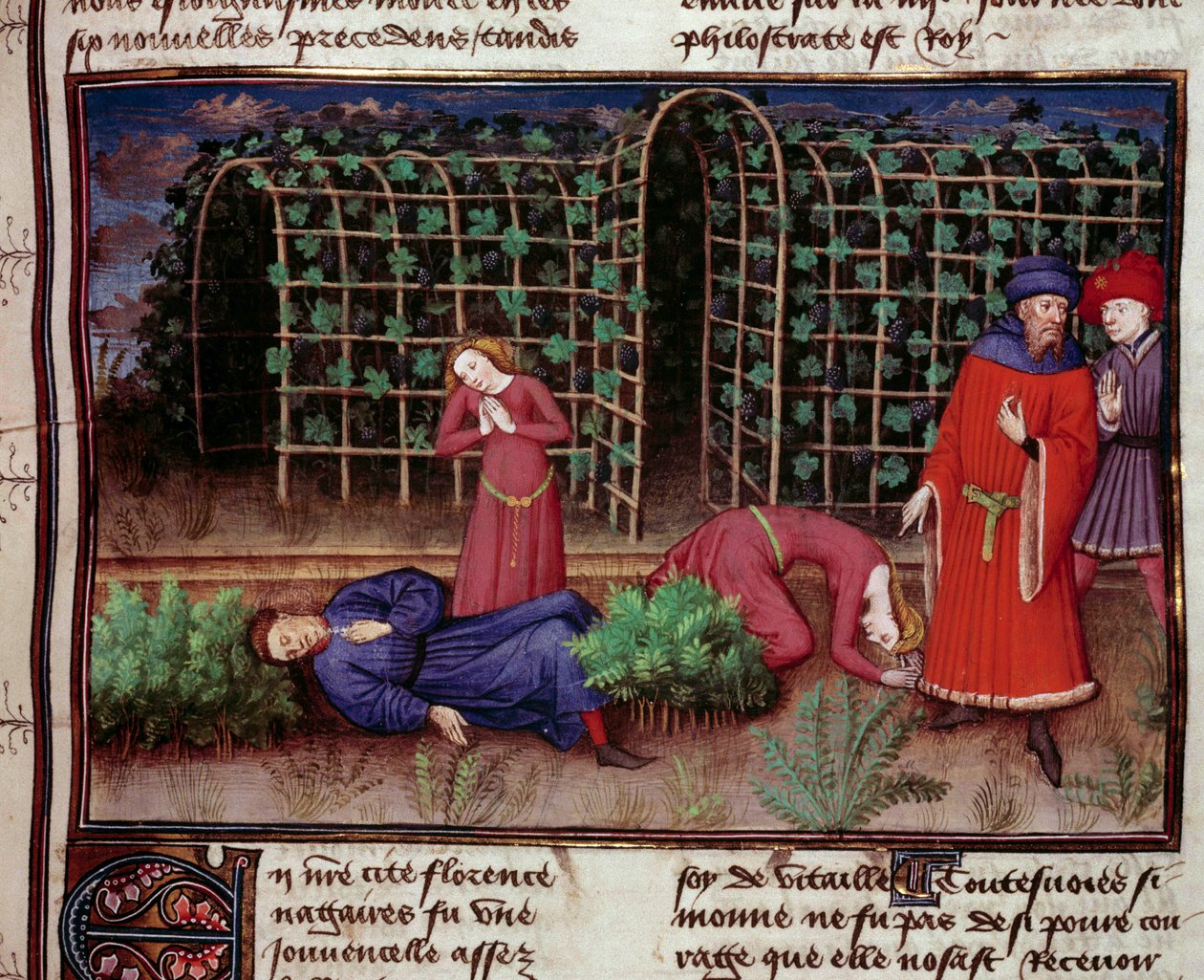 Morte Duas pessoas mortas pela morte. Miniatura de "Le Decameron" de Jean Boccace (Giovanni Boccaccio) (1313-1375) 1450 Paris, biblioteca do Arsenal de Unknown artist