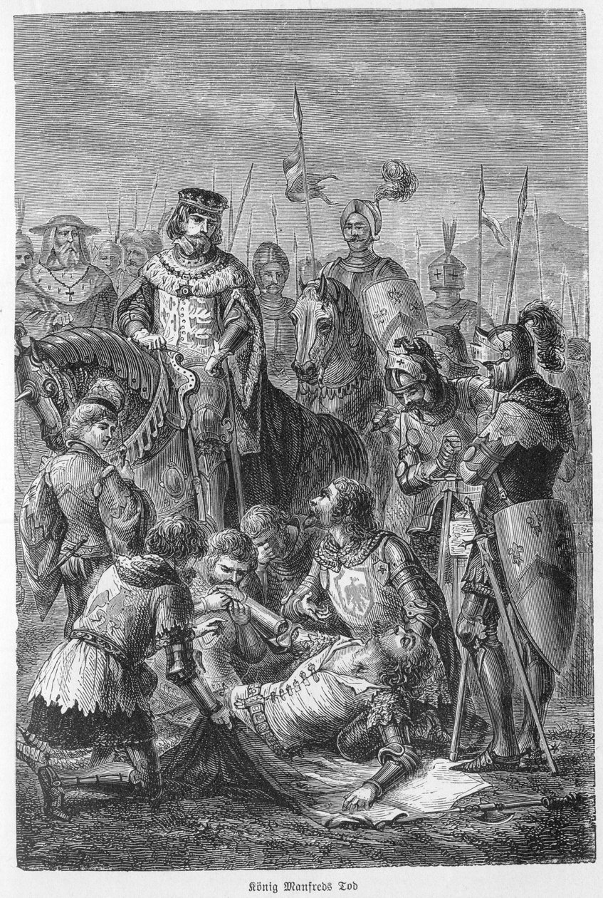 Morte de Manfred, Rei da Sicília - 1266 - Manfred Morto em Batalha - Batalha dos Beneméritos (26 de Fevereiro 1266): a morte de Manfred I (de Hohenstaufen de Unknown artist