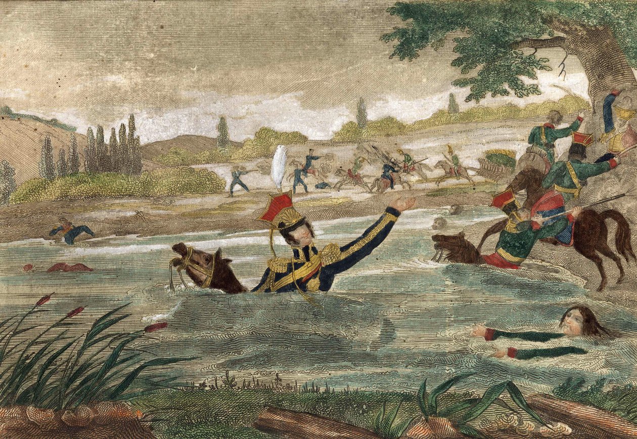 Morte do Príncipe José (Jozef) Antoni Poniatowski (nascido em 1763) na passagem do Eelster em 1813, gravura da época de Unknown artist