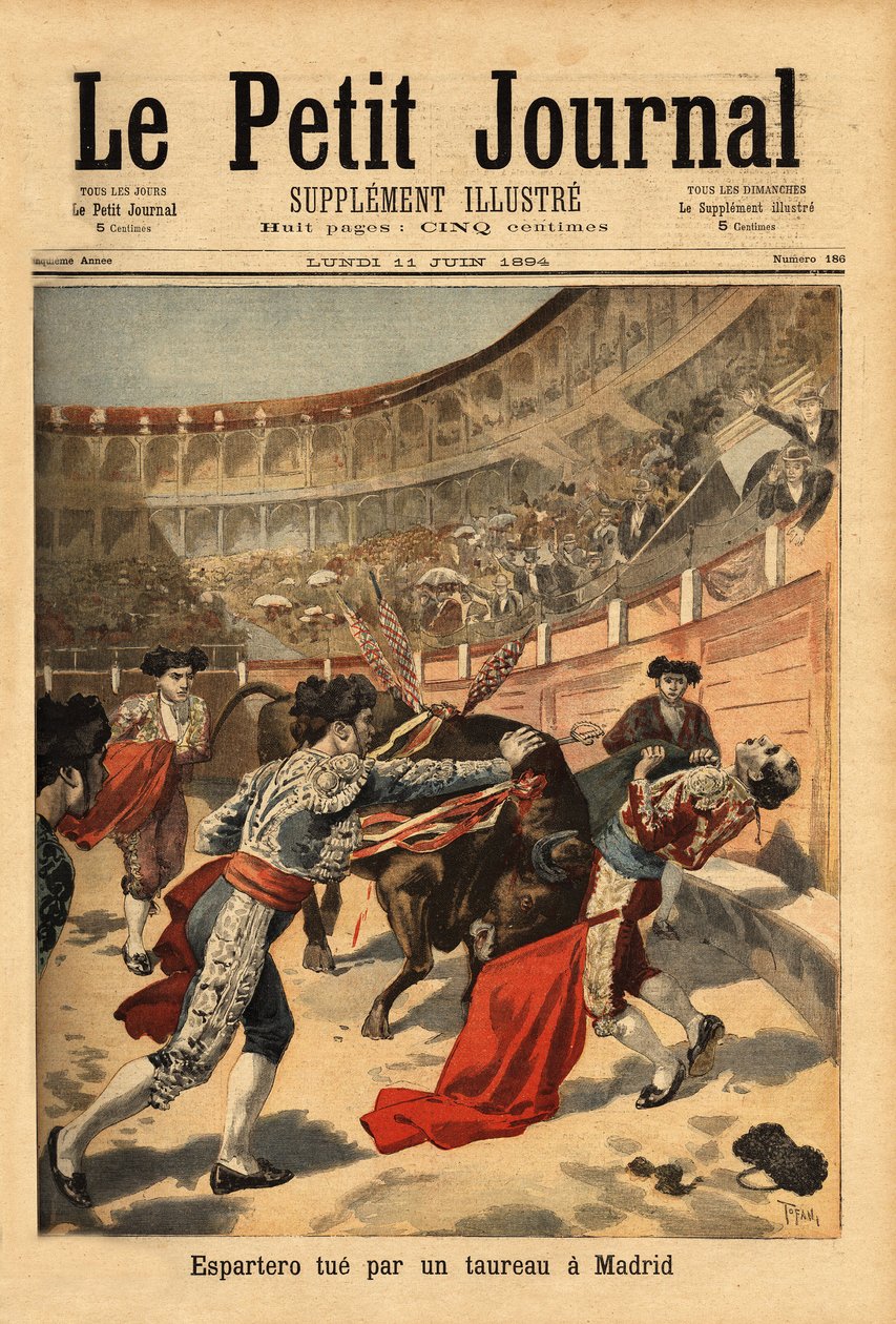 Morte do matador espanhol Manuel Garcia dit Espartero (1865-1894), nos arenas de Madrid, por uma estocagem do touro. Gravura em "Le petit journal" 2/07/1894. Coleção da Selva. de Unknown artist