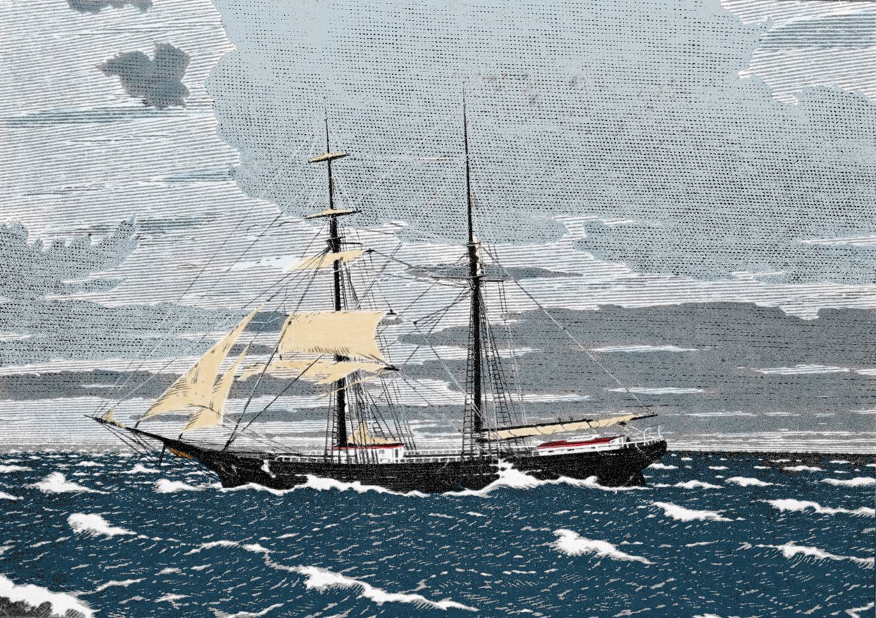 Dezembro de 1872, Mary Celeste é encontrada abandonada no meio do Atlântico, ao largo das Ilhas Acores. O capitão, sua esposa e sua filha de dois anos, assim como os oito tripulantes, desapareceram. Gravura do século XIX. de Unknown artist