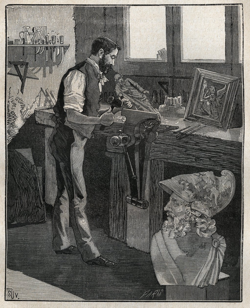 Decoração de talheres de prata: cinzelador de bronze. Gravura de 1885 em "Les arts et metiers illustres" de Adolphe BITARD. de Unknown artist