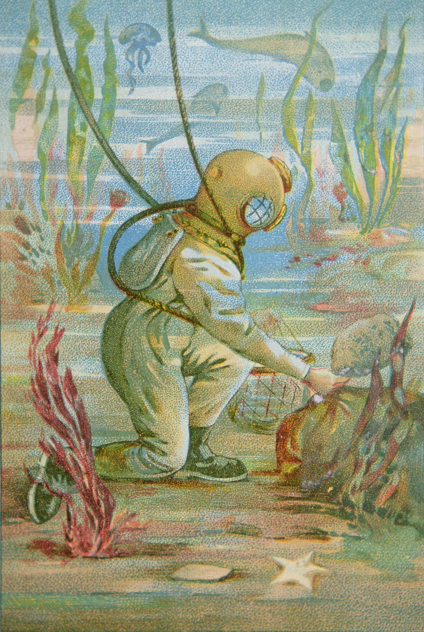 Deep Sea Diver, c.1890 (cor litho) de Unknown artist