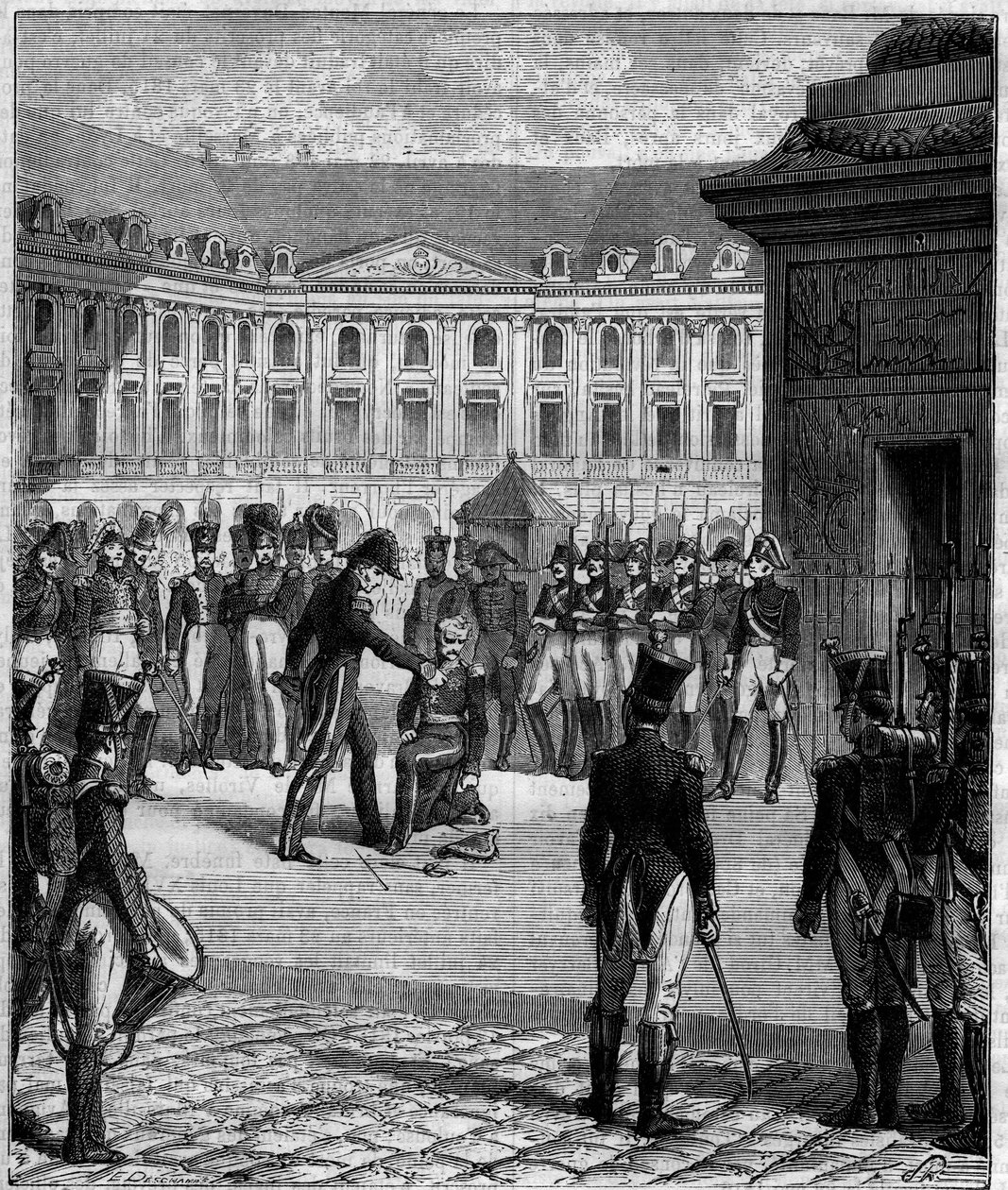 Degradação do General Bonnaire ex-soldado do império condenado pela morte acidental do chefe de estado-maior de Luís XVIII em 8 de Junho de 1816 no sopé da coluna Vendome (Place Vendome) em Paris. de Unknown artist