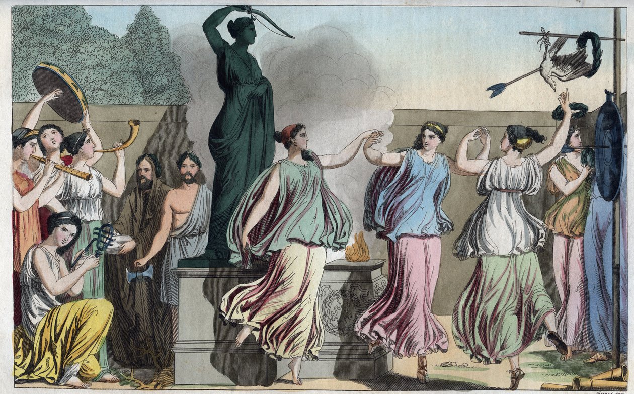 Delian Dance na festa de Diana ou Artemis (deusa da caça) - gravura de "Usos e costumes de todos os povos do Universo". Ou seja, a História do Governo, Leis, Milícias e Religião de todas as Nações desde os tempos mais remotos até o presente. de Unknown artist