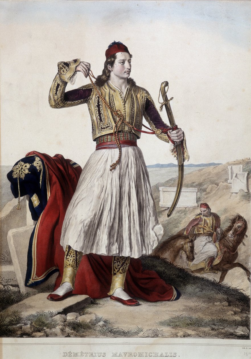 Demetrius Mavromichalis em traje tradicional de cavaleiro - litografia de Unknown artist