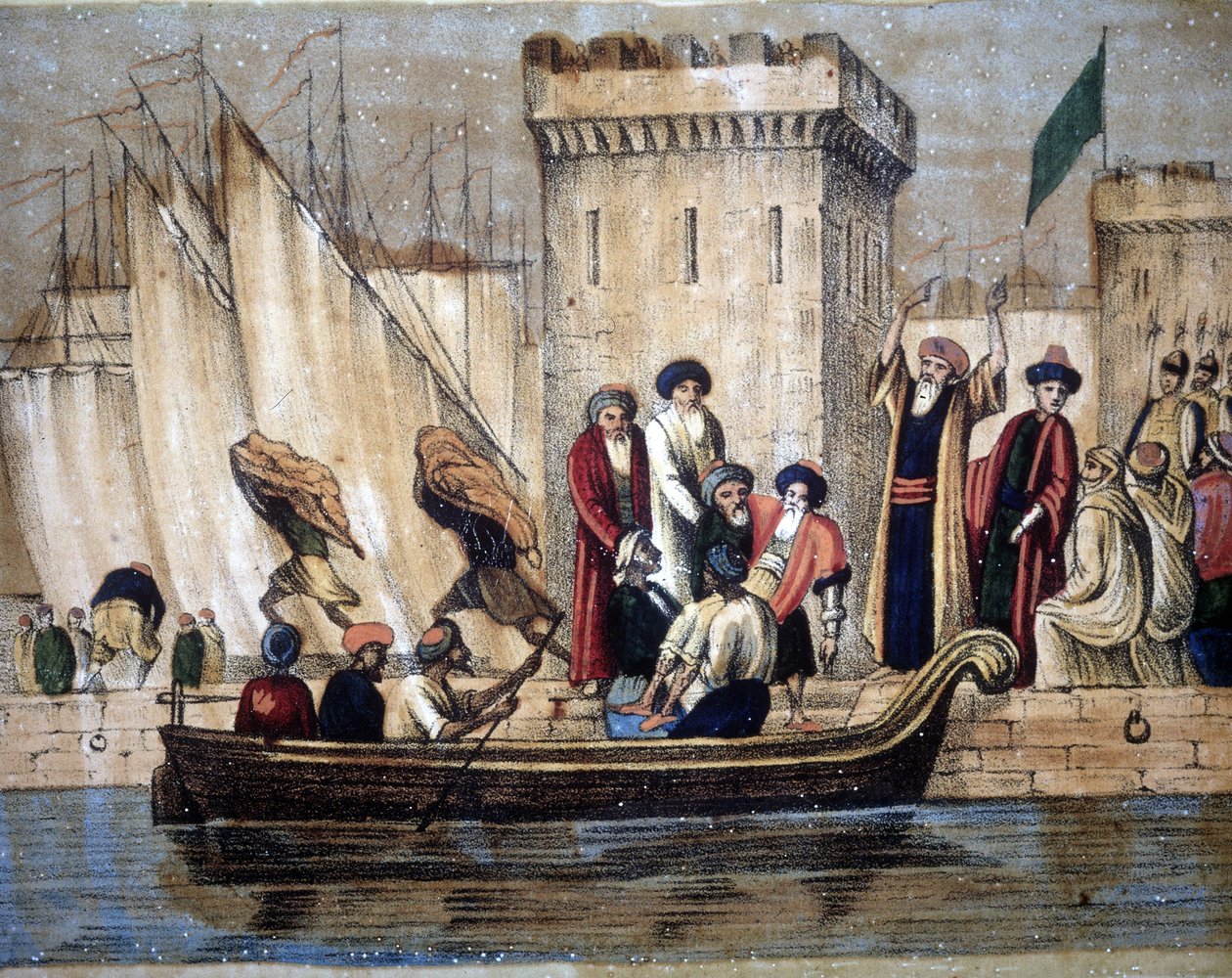 Partida dos Mouros de Argel, após a colonização dos franceses, Uma idade ou um homem doente é carregado num barco. Século XIX de Unknown artist