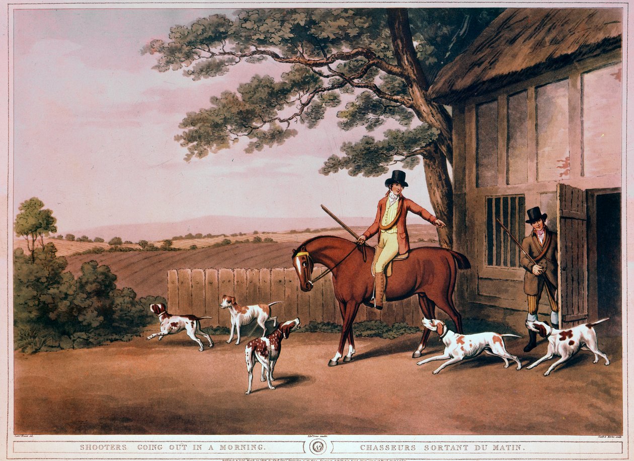 Partiu para a caça no início da manhã de um caçador e seus cães na Inglaterra. Gravura do século XIX. Gien, museu da caça de Unknown artist