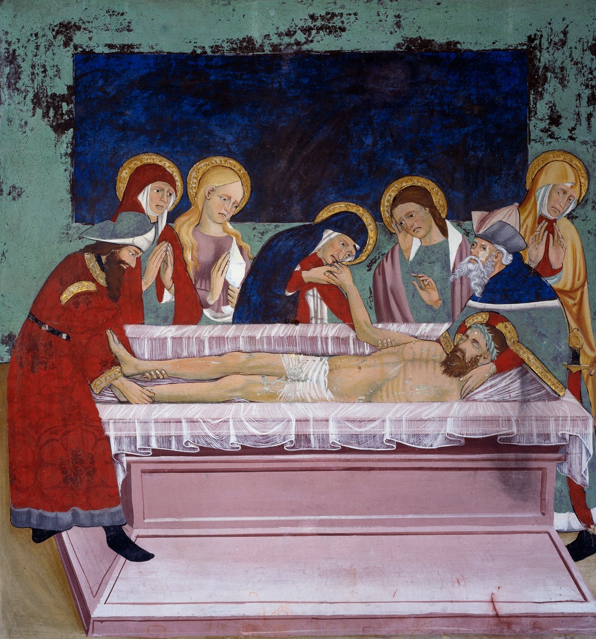 Deposição no túmulo, Vida de Cristo (século XV), frescos, Capela de São Sebastião, Villard-de-Lans, Rhone-Alpes, França. de Unknown artist