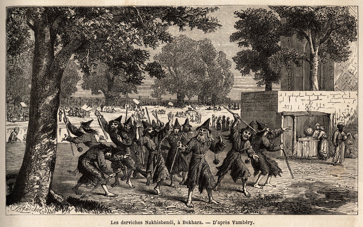 Dervishes Nakhisbendi, um Bokhara persa, Irão). Desenho de Emile Bayard (1837-1891), para ilustrar a viagem à Ásia Central, em 1863, de Arminius Vambery (cientista húngaro disfarçado em dervixe). Gravura em "Le tour du monde", editado por Edouard C de Unknown artist