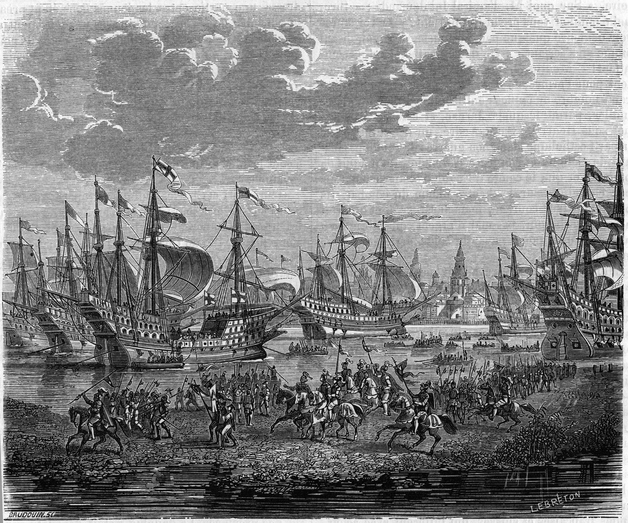 Descendência de Henrique VIII (Rei da Inglaterra) a Calais para cercar Boulogne (1544) de Unknown artist