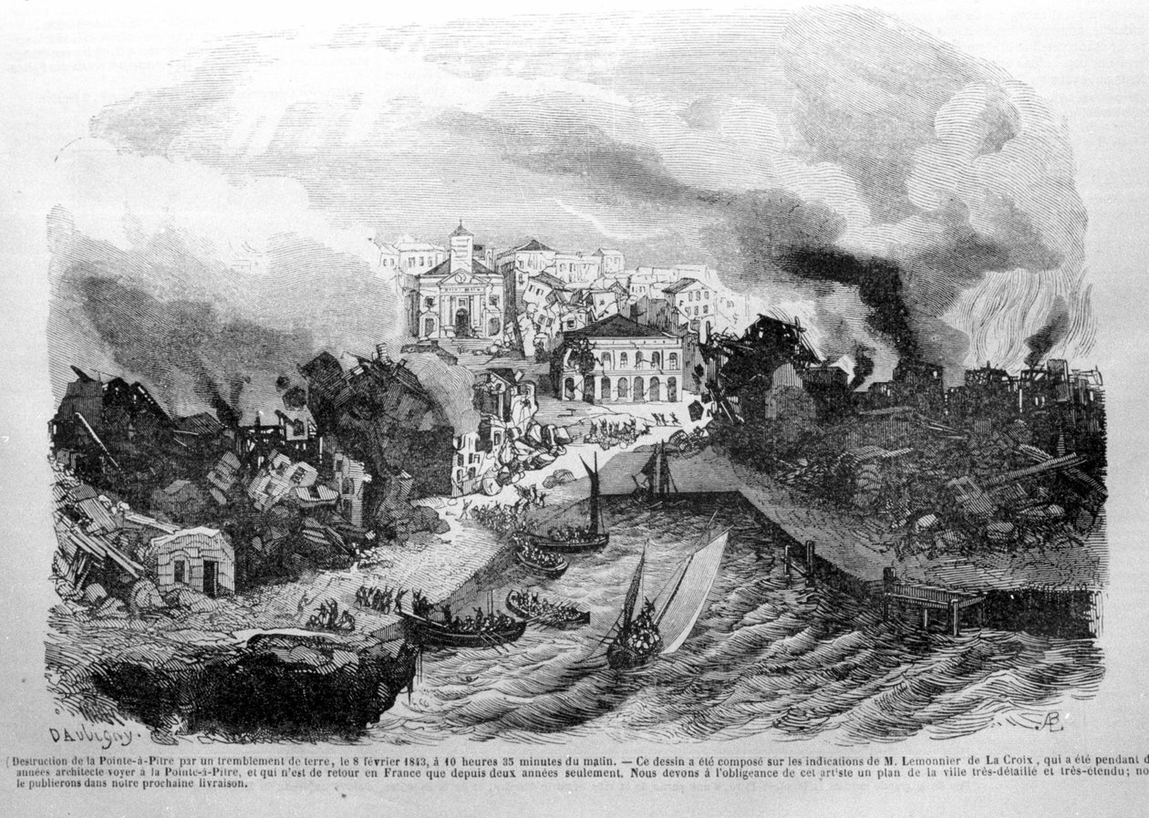 Destruição de Pointe à Pitre (Guadalupe) por um terremoto em 08/02/1843. Gravura de 1843. de Unknown artist