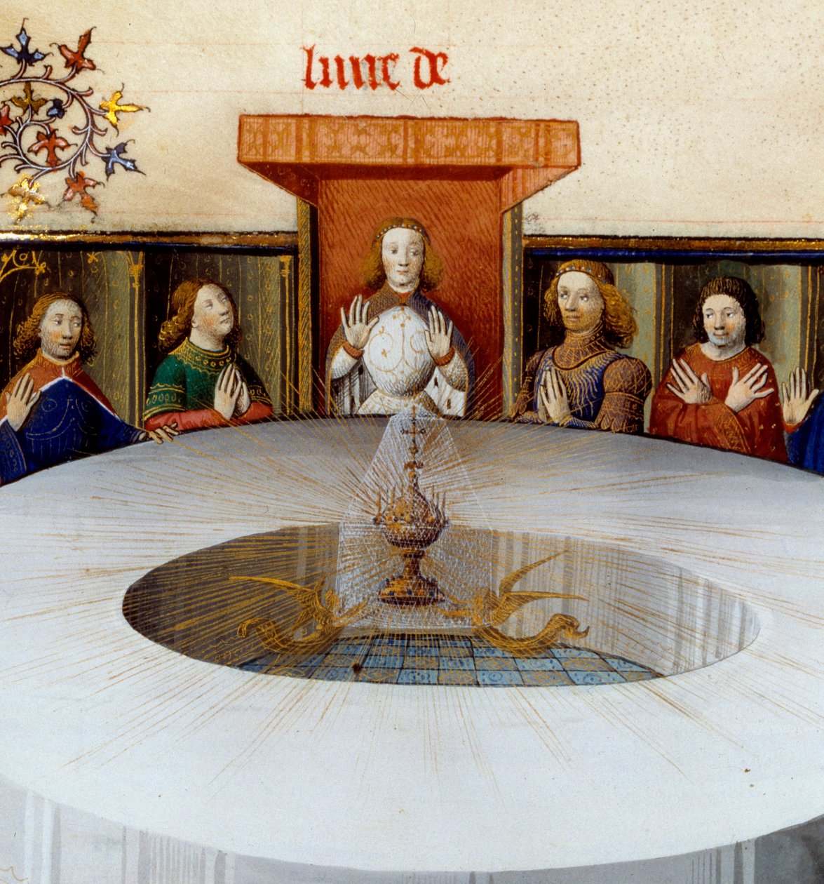 Detalhe: Os Cavaleiros da Távola Redonda de "A História de Lancelot". Aparição do Santo Graal perante os Cavaleiros da Távola Redonda, miniatura tirada de "A História de Lancelot", velin de Unknown artist