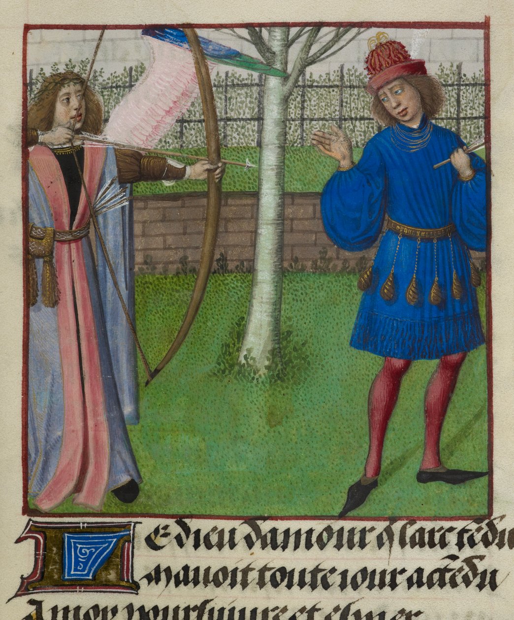 Pormenor de uma miniatura de Amour (Amor) visando o Amante com arco e flecha, de 