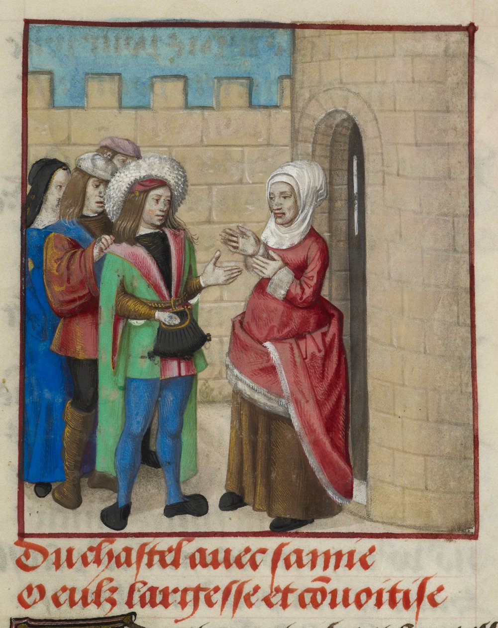 Detalhe de uma miniatura de Convoitise (Cobiça) e Largesse (Generosidade) a entrar no castelo, de 