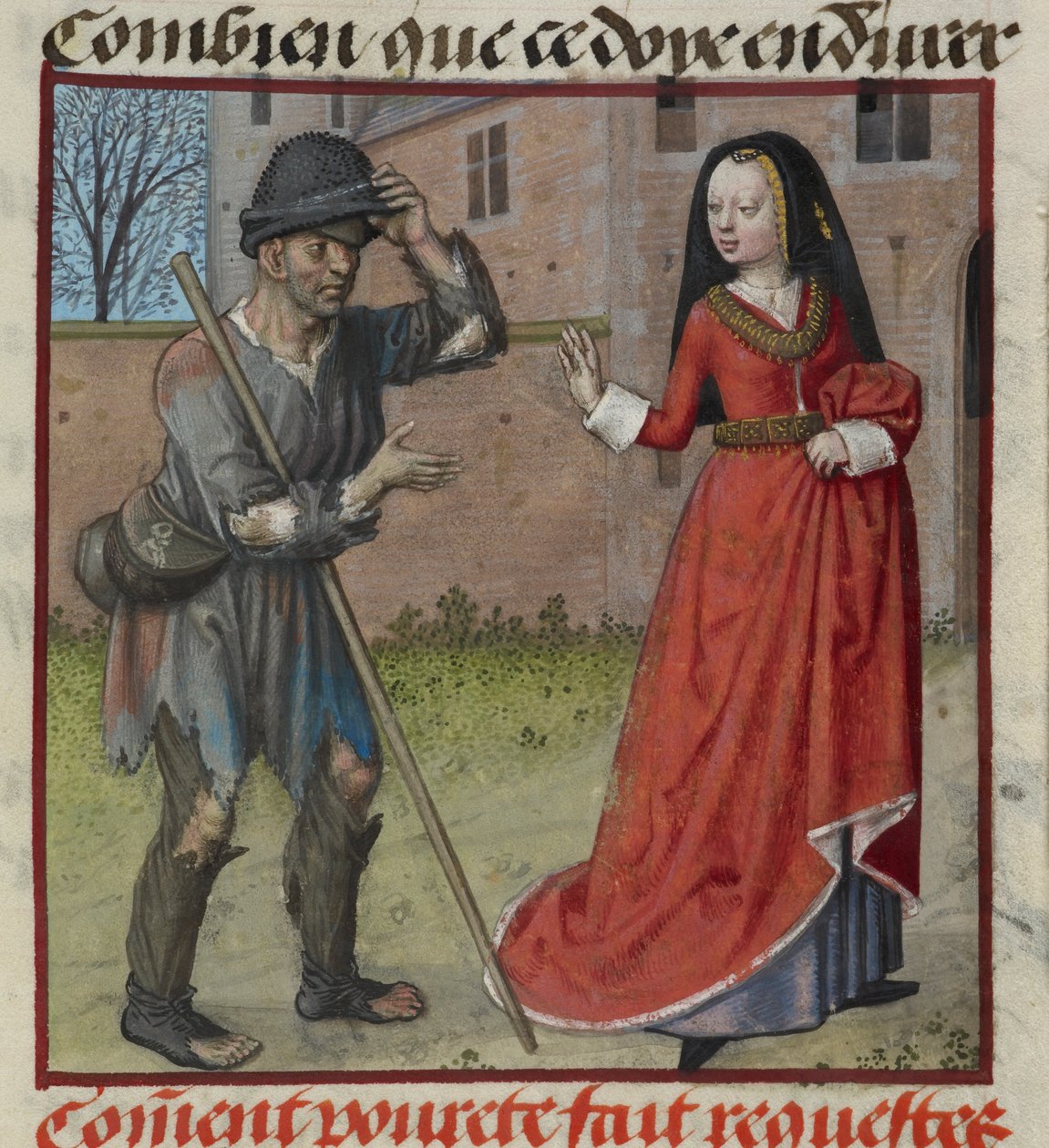 Detalhe de uma miniatura de Pauvrete (Pobreza) mendigando de Richesse (Riqueza), de 