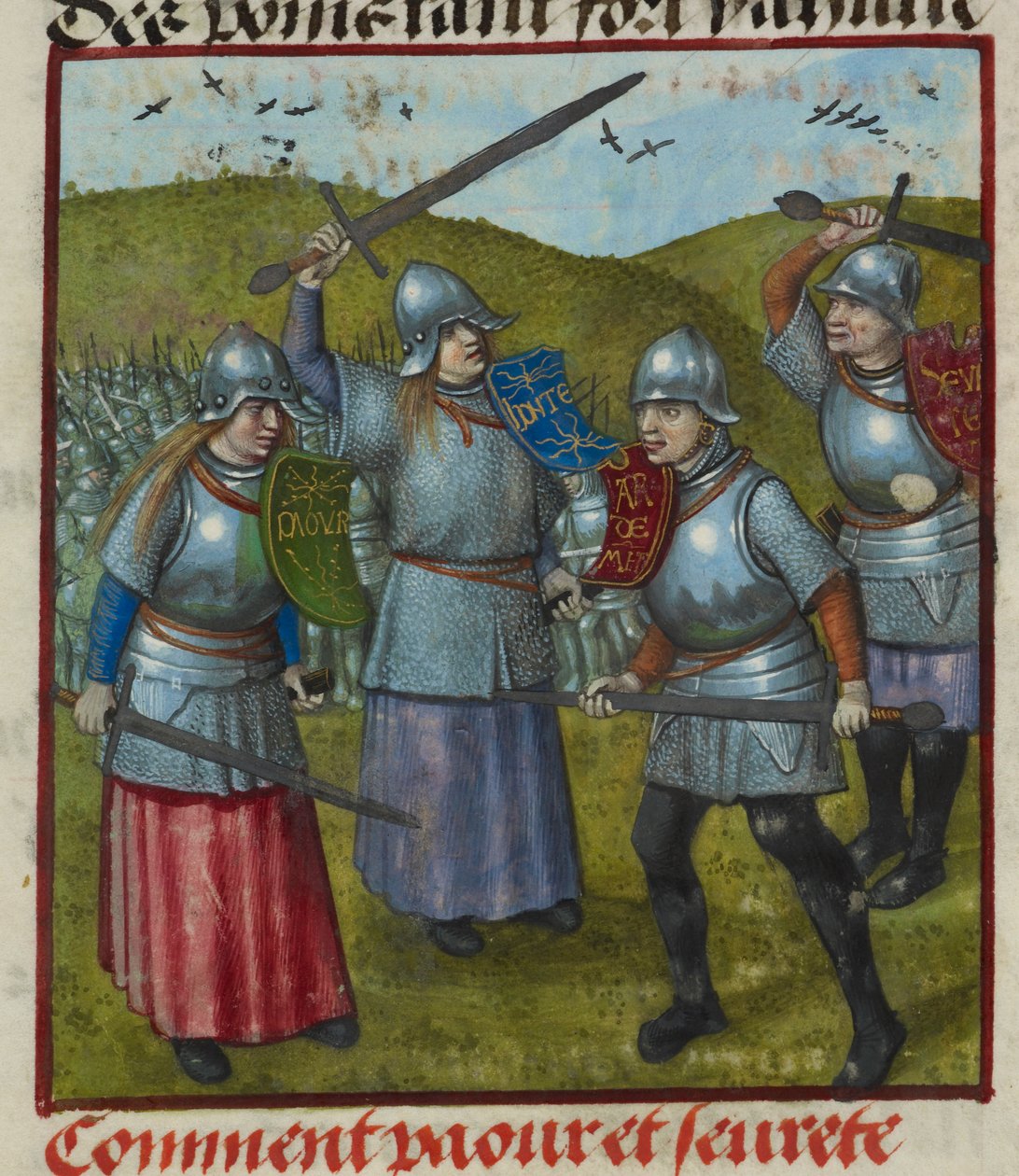 Detalhe de uma miniatura da luta de Peur, Honte e outras alegorias. Homens e mulheres em armadura, lutando, de 