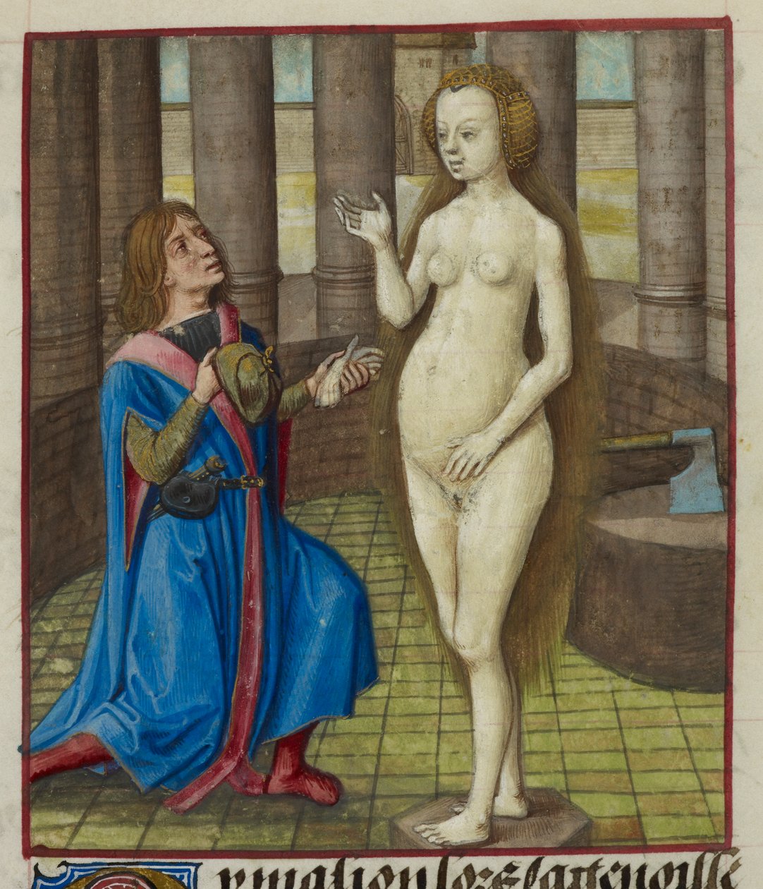Detalhe de uma miniatura de Pigmalião de joelhos, a pedir perdão à estátua. de Unknown artist