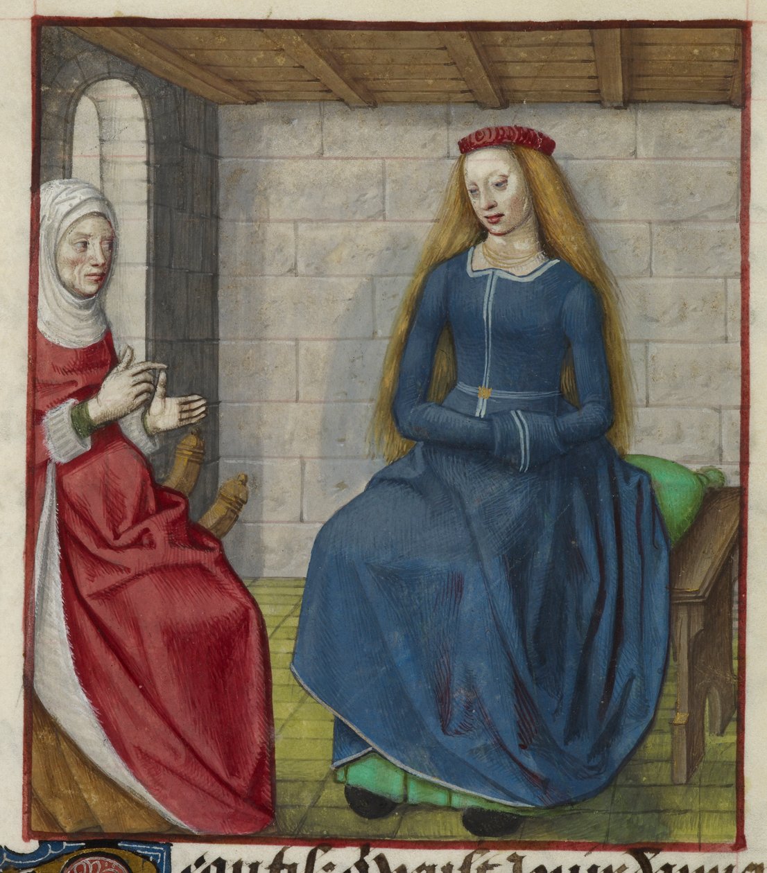 Detalhe de uma miniatura de la Vieille (a Duena) e Bel Accueil (boas-vindas justas), de 
