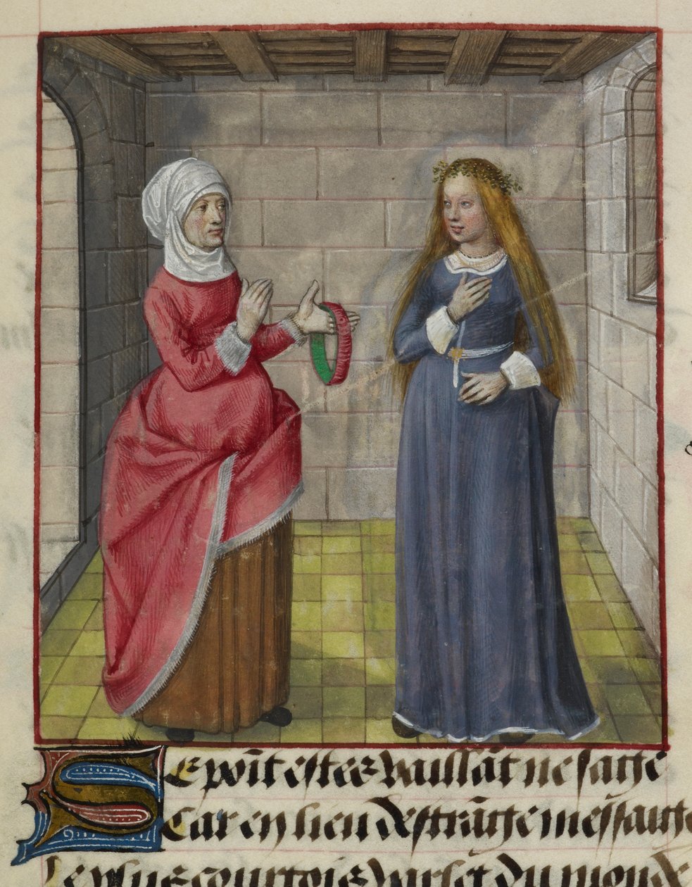 Detalhe de uma miniatura de la Vieille (a Duena) e Bel Accueil (boas-vindas justas), de 