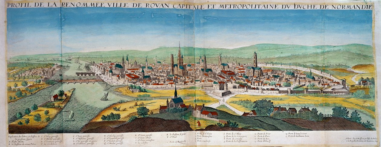 Vista detalhada da cidade de Rouen na Normandia. Gravura do século XVII. Paris B.N. de Unknown artist