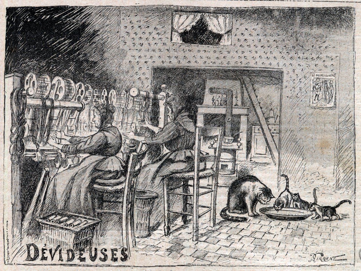 Devideuses - Atelier de Canut - interior de uma oficina de tecelagem em Lyon gravura em "Le Progres illustrious" de 1895 de Unknown artist