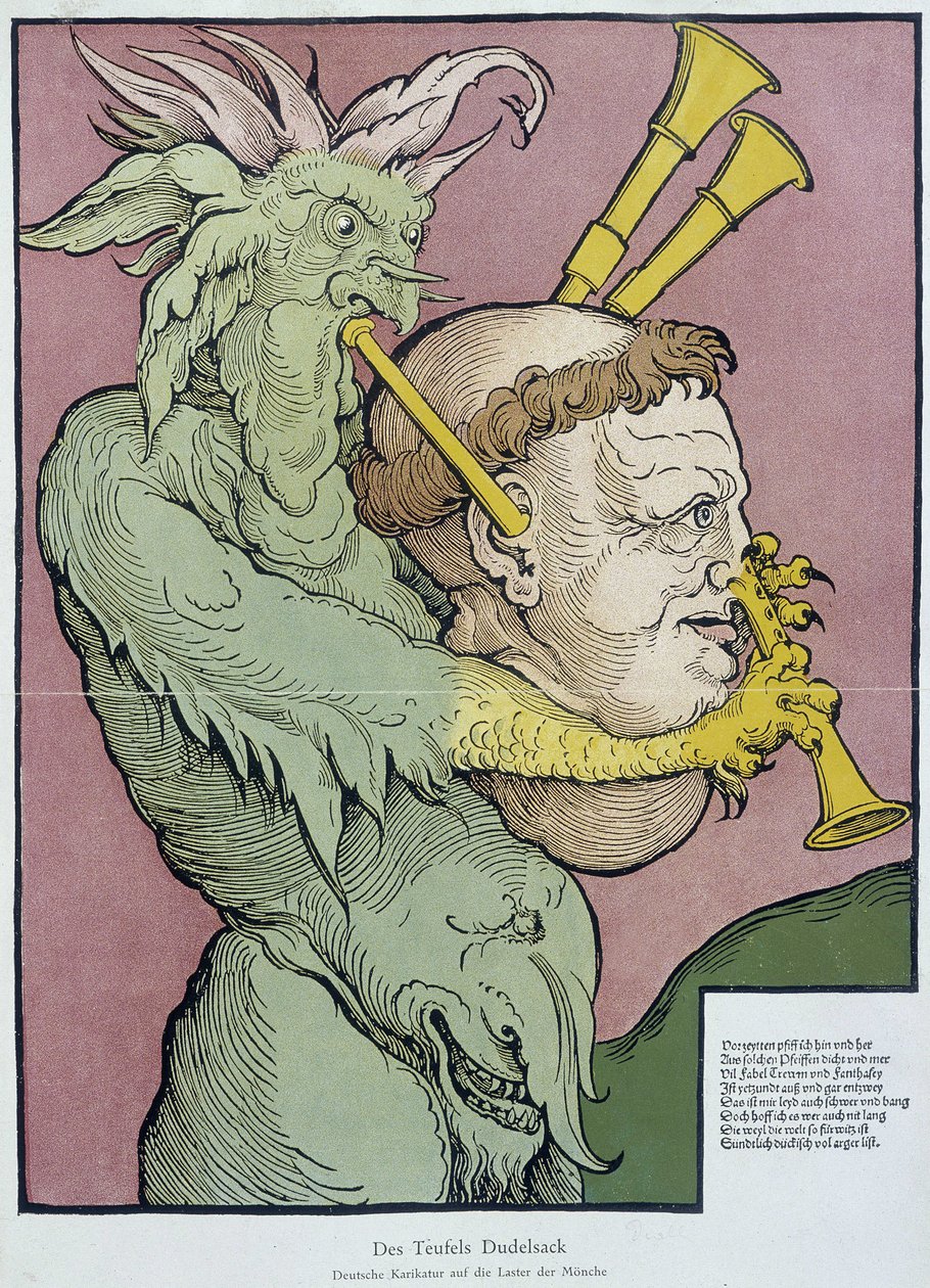 Diabo a tocar gaita-de-foles com cabeça de monge - gravura de Unknown artist