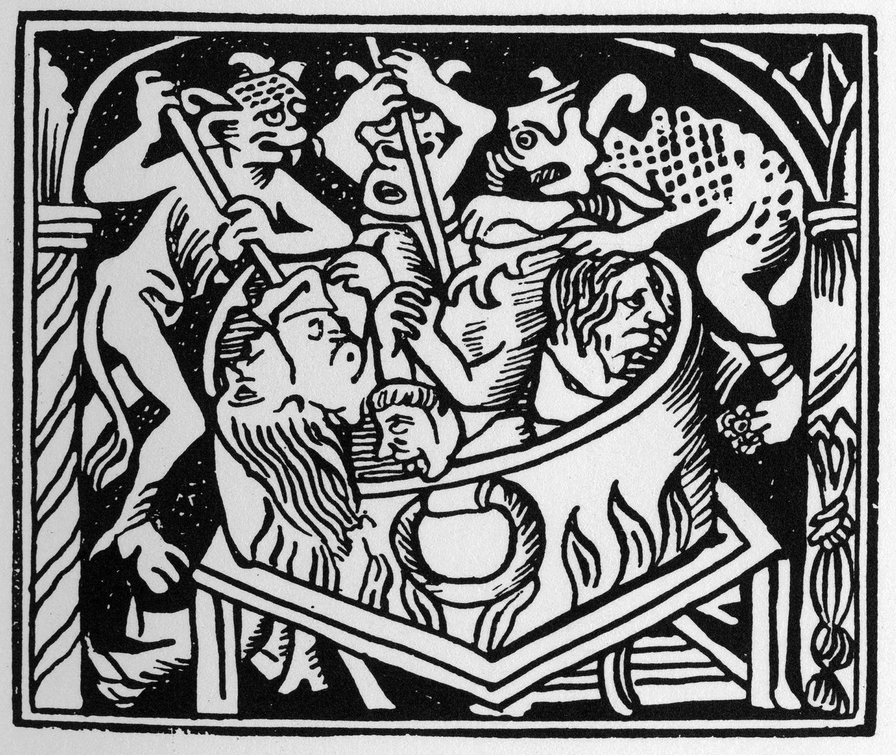 Diabos atormentando o exuberante poço de fogo e enxofre - em "Grand Calendrier et Compost des Bergers", Lyon de Unknown artist