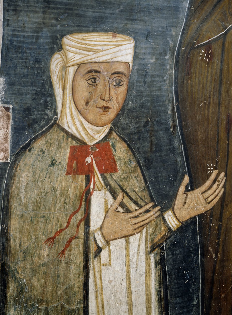 Devout Saramalyna Anastasia em roupas do século XIV, afresco na igreja bizantina de Nossa Senhora de Asinou (século XII) (Lista do Património Mundial da Unesco, 2001), montanhas de Troodos, Chipre de Unknown artist