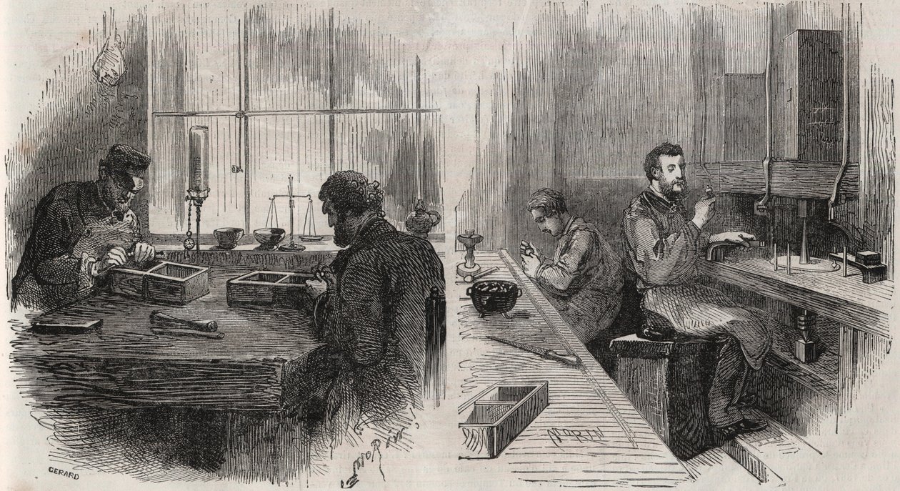 Corte de diamantes em oficina na Holanda: divisores e polidores - Gravura no "Le Monde Illustré de Unknown artist