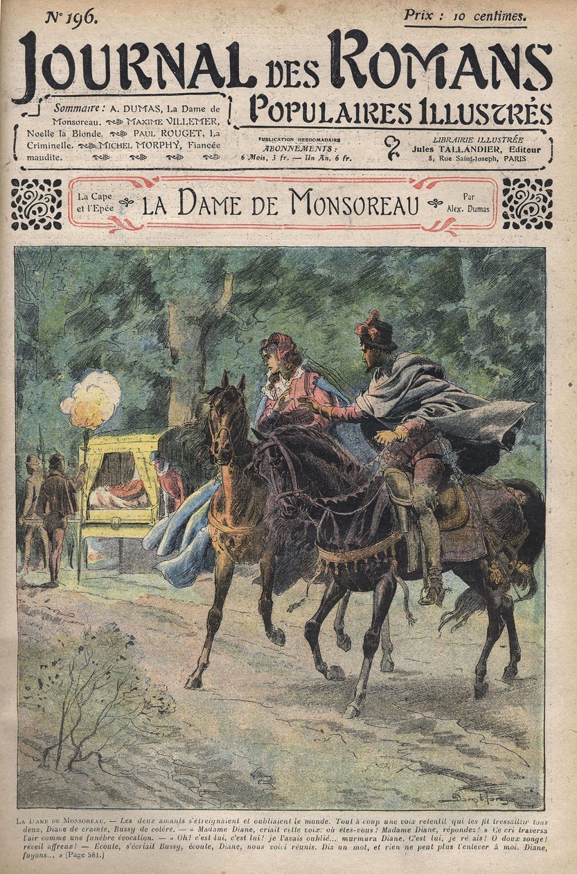A Diane ligou do marido enquanto cavalgava com o seu amante Bussy. Ilustração do romance "" La Dame de Monsoreau", de Alexandre Dumas. Em "" Journal of Illustrated Popular Novels "". de Unknown artist