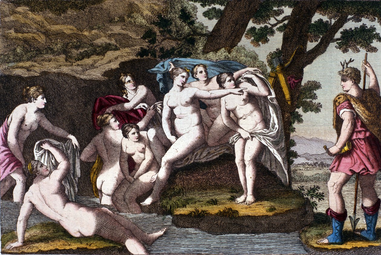 A Diane apanhada no banho pelo caçador Acteon. Gravura do "Dizionario mitologico" do século XIX de Unknown artist