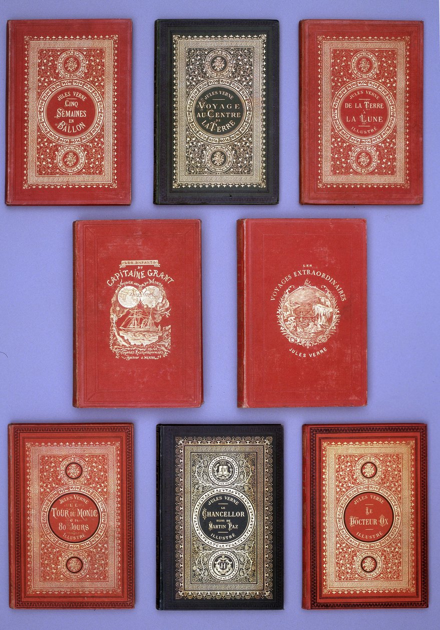 Capas diferentes dos livros de Jules Verne publicados nas edições de Hetzel. Coleção da biblioteca de Verne. Paris. de Unknown artist